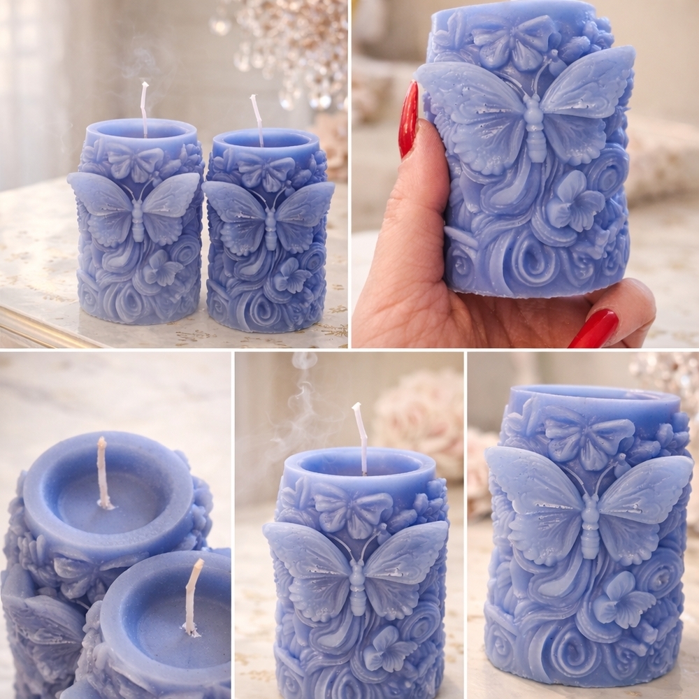Set of 2 Butterfly Sculpted Candles – Periwinkle Blue Handmade - Picture 3 of 3